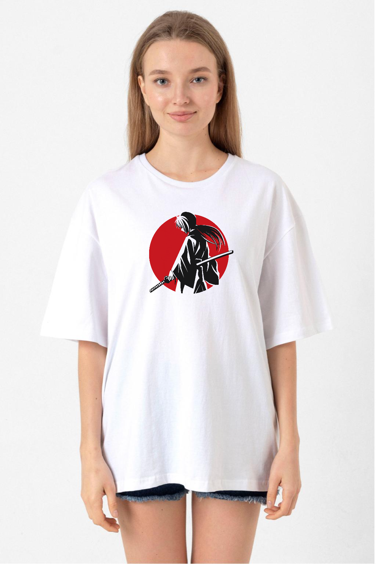 Rurouni Kenshin Samurai Logo Beyaz Kadın Oversize Tshirt