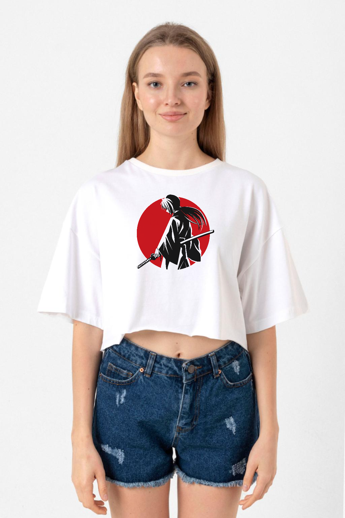 Rurouni Kenshin Samurai Logo Beyaz Kadın Crop Tshirt