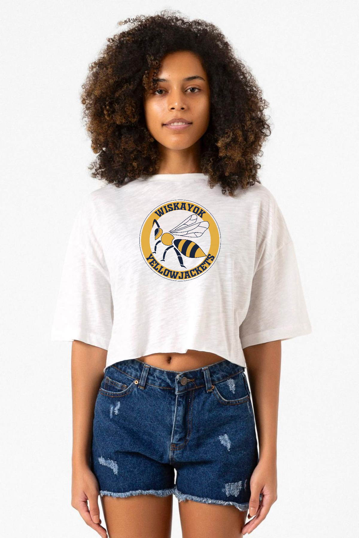 Wiskayok Yellowjackets Logo Beyaz Kırçıllı Kadın Crop Tshirt