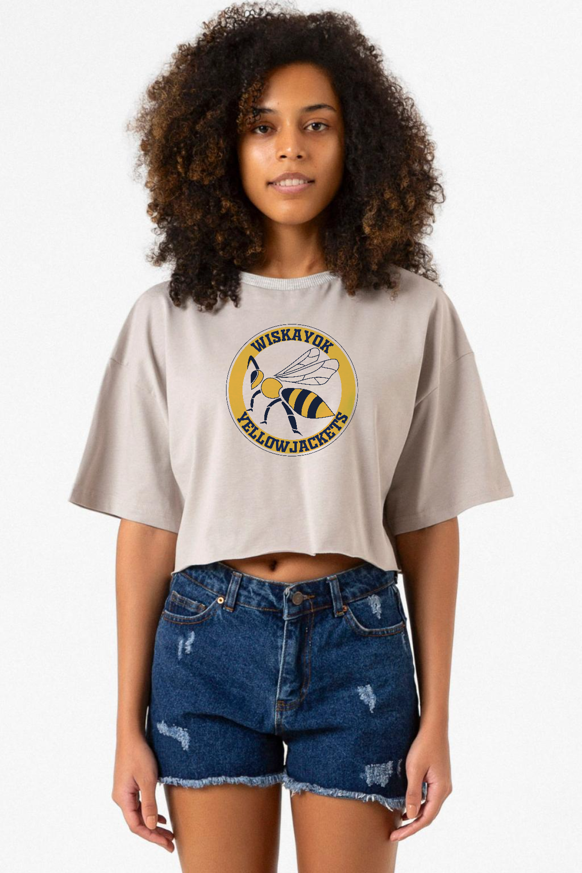 Wiskayok Yellowjackets Logo Taş Rengi Kadın Crop Kapşonlu