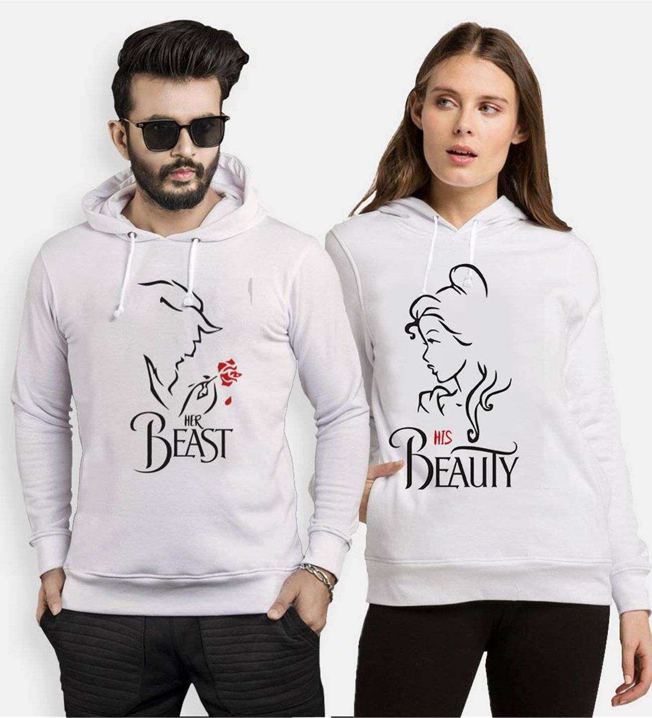 Tshirthane Beast Beauty Gül Sevgili Kombinleri Kapüşonlu Çift Kombini