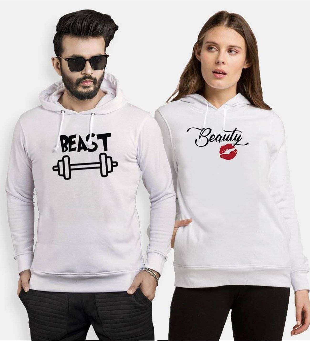 Tshirthane Beast Beauty Dumbell Öpücük Sevgili Kombinleri Kapüşonlu Çift Kombini