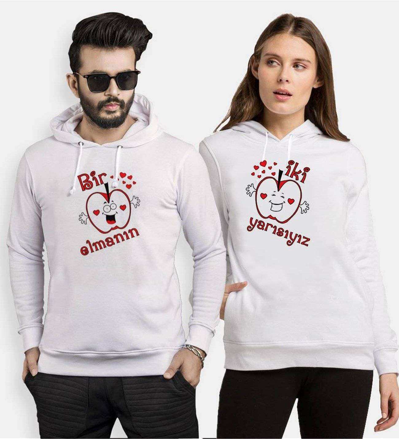 Tshirthane Bir Elmanın İki Yarı Sevgili Kombinleri Kapüşonlu Çift Kombini