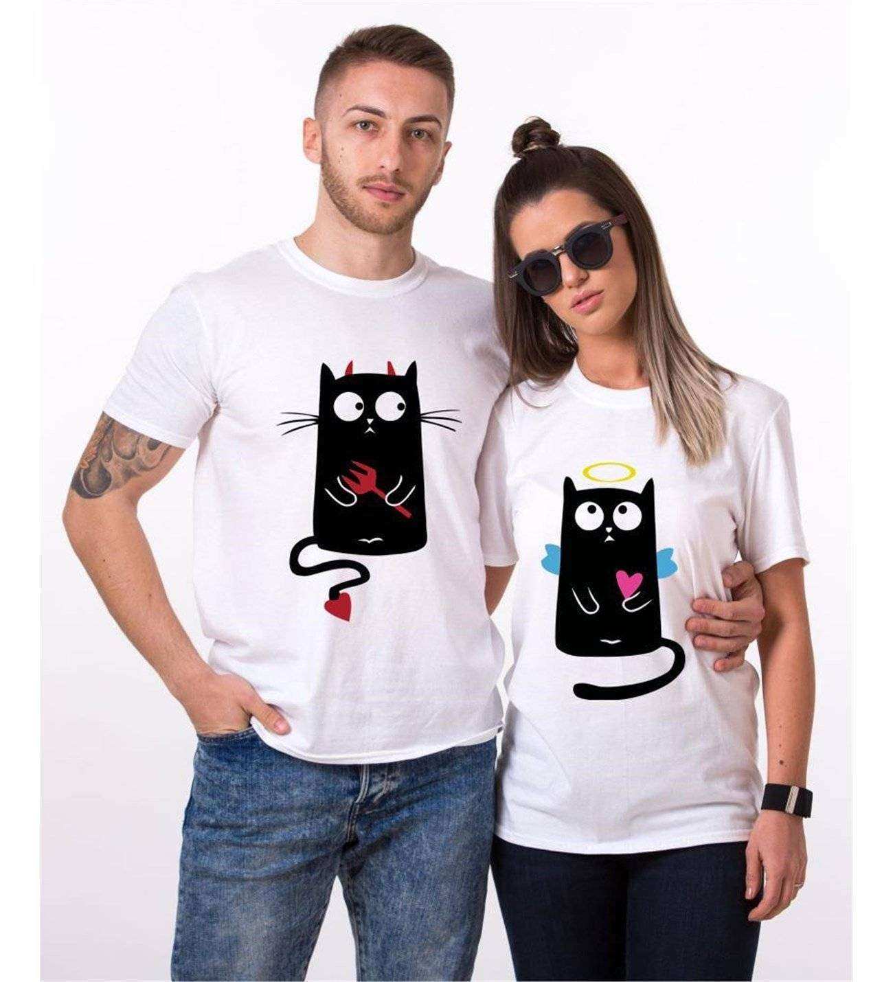 Tshirthane Angel Cat Devil Cat Sevgili Kombinleri Tshirt Çift Kombini