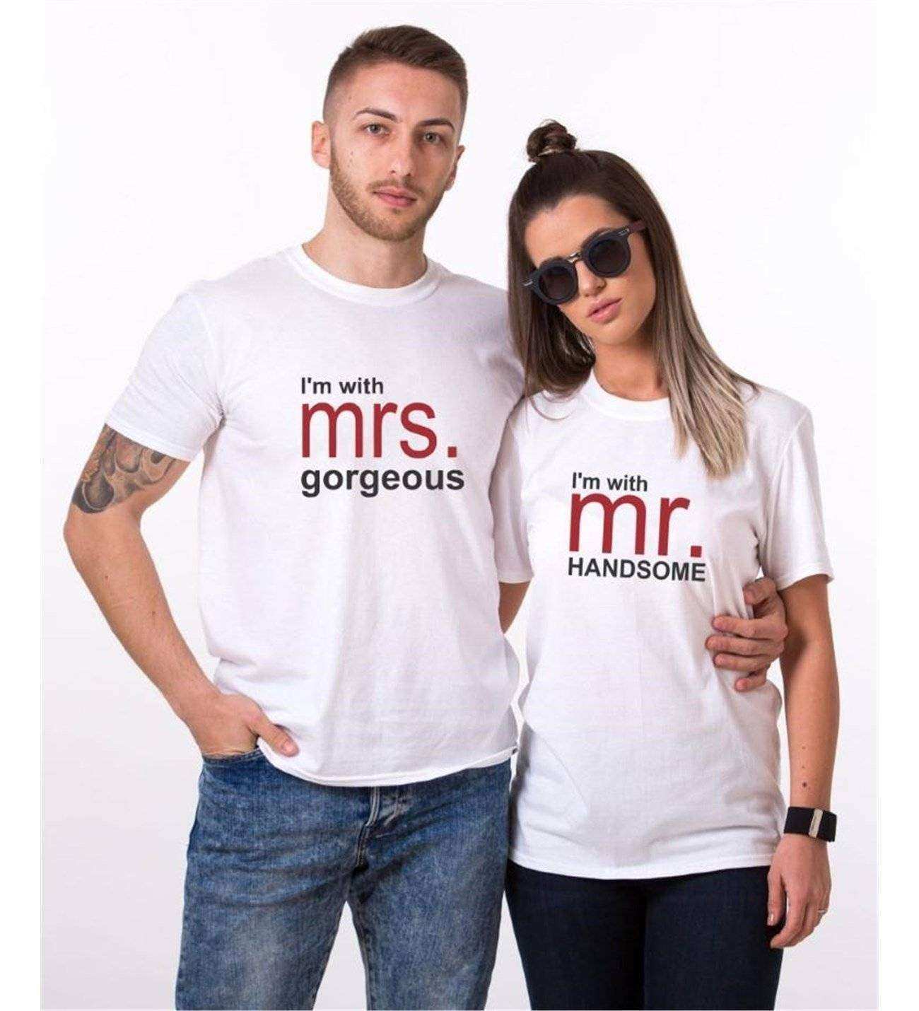 Tshirthane Mr Mrs Handsome Gorgeous Sevgili Kombinleri Tshirt Çift Kombini