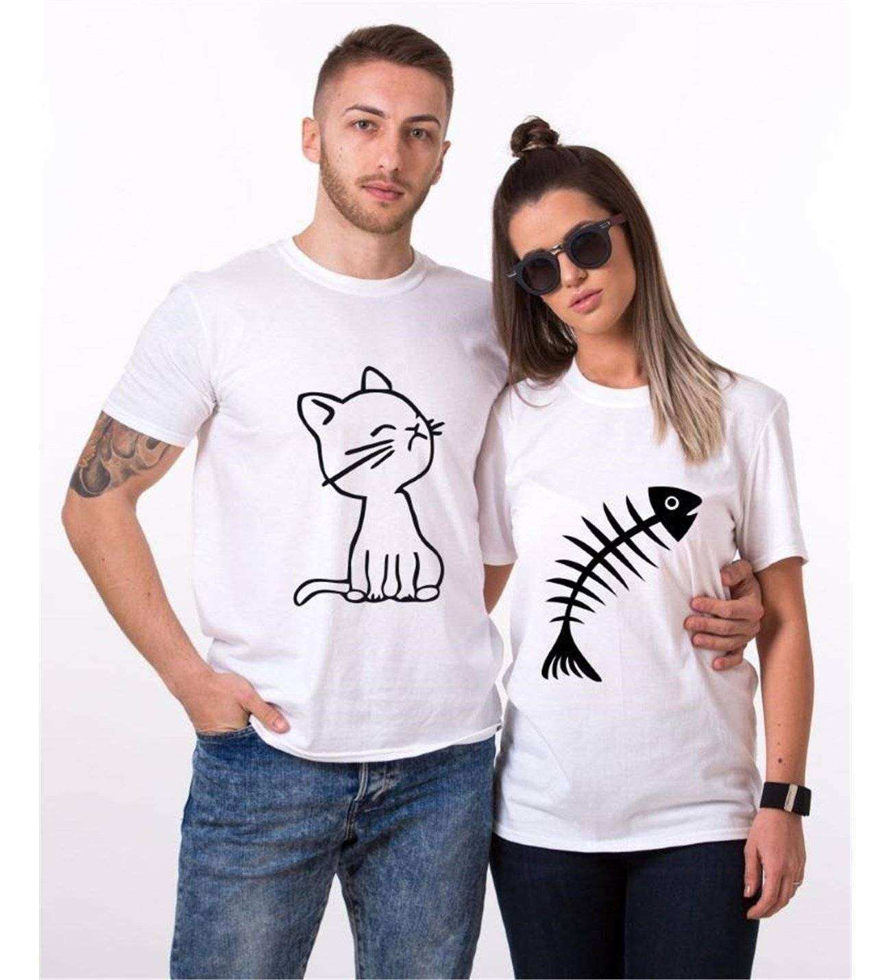 Tshirthane Kedi Ve Balık Cat Fish Sevgili Kombinleri Tshirt Çift Kombini