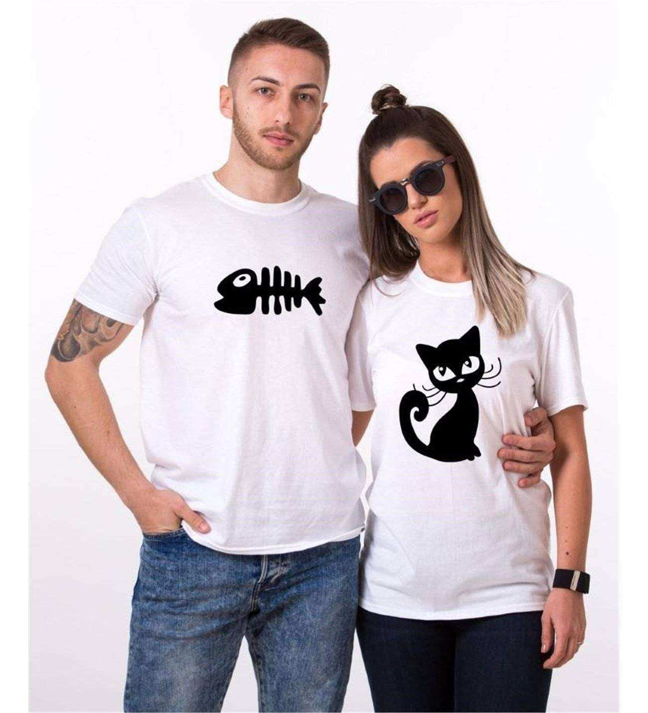 Tshirthane Kedi Ve Balık Cat Fish Sevgili Kombinleri Tshirt Çift Kombini