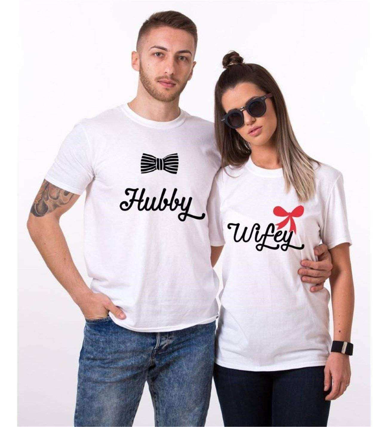 Tshirthane Hubby Wifey  Sevgili Kombinleri Tshirt Çift Kombini