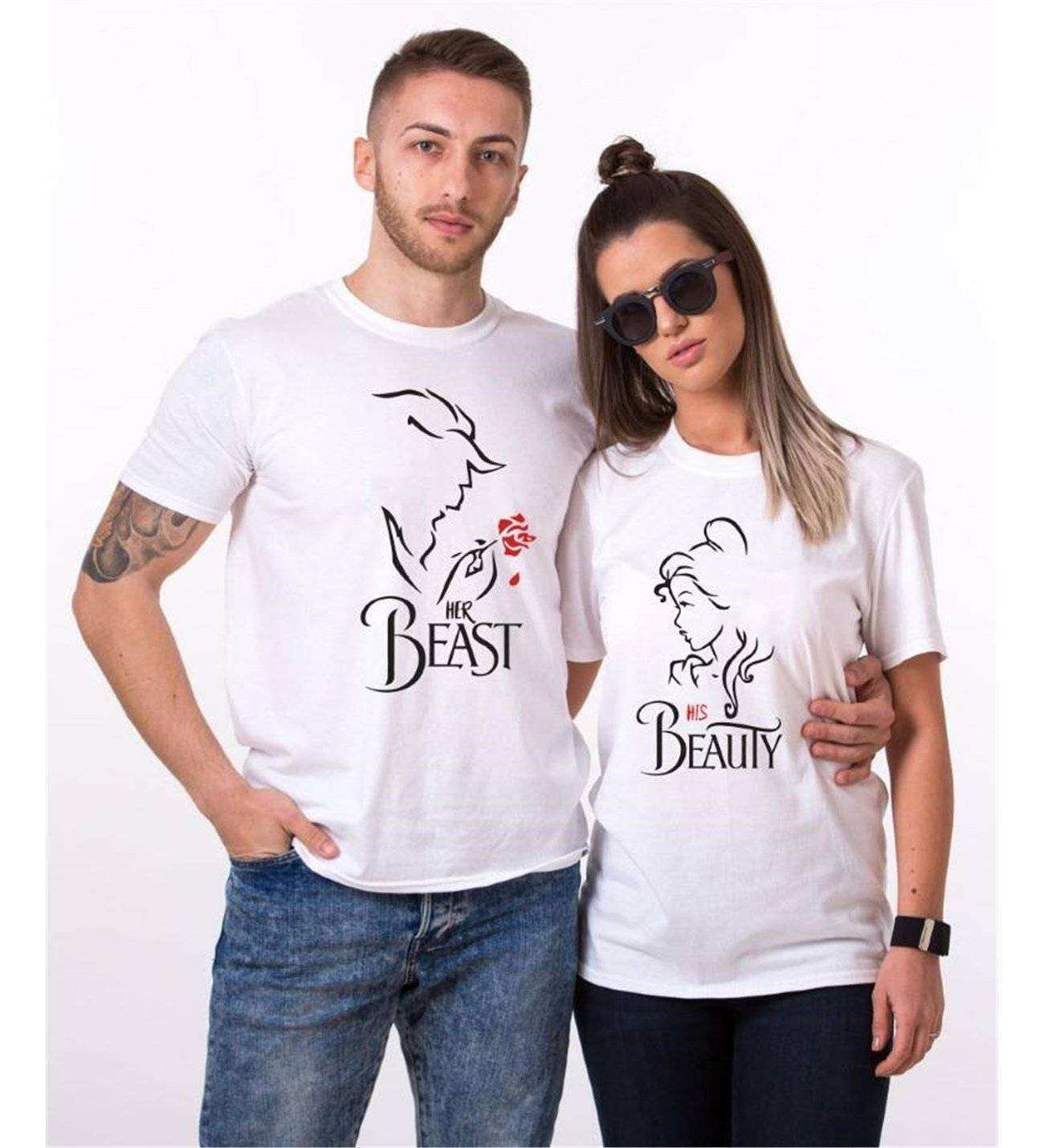 Tshirthane Beast Beauty Gül Sevgili Kombinleri Tshirt Çift Kombini