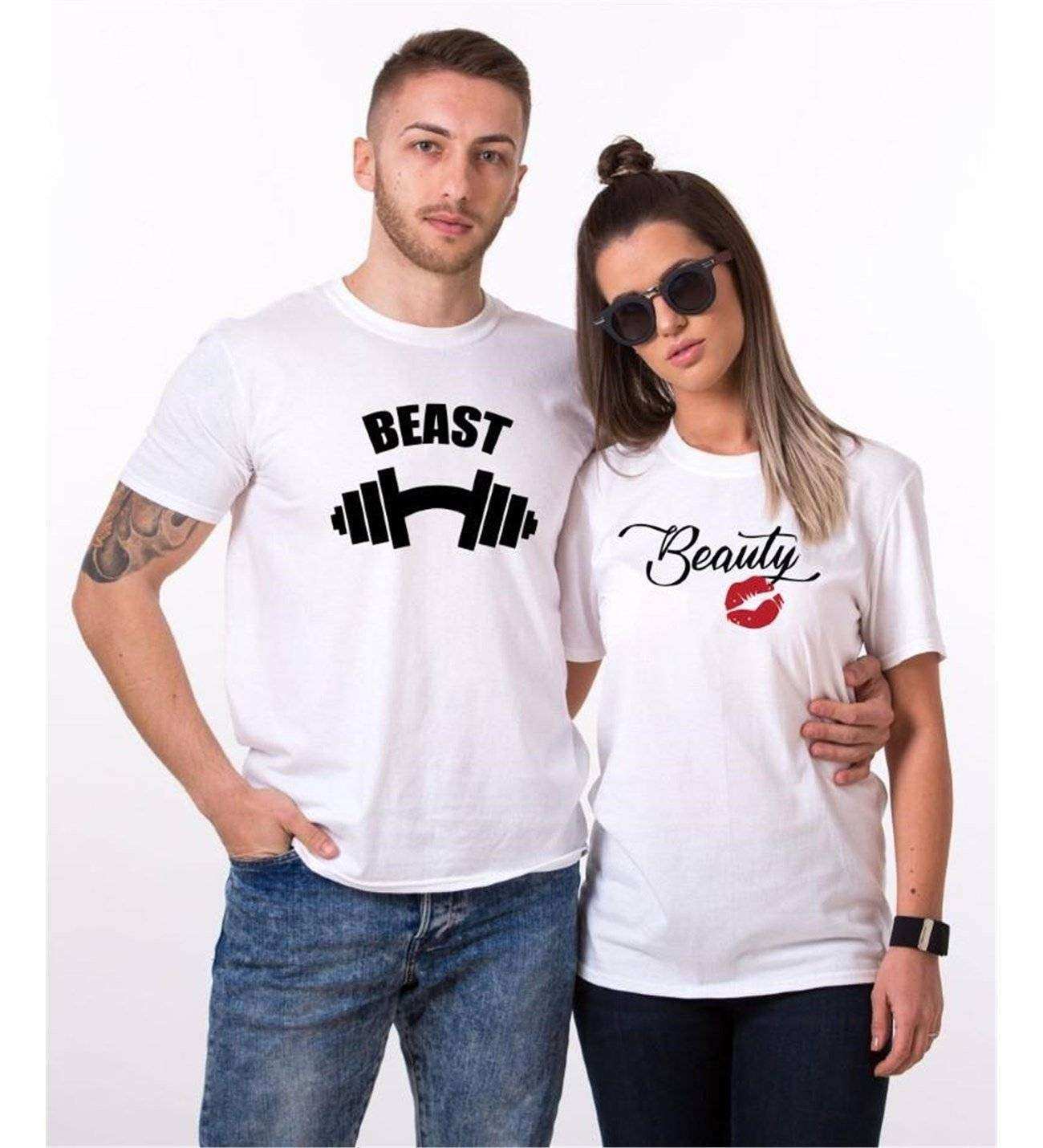 Tshirthane Beast Beauty Dumbell Kurdele  Sevgili Kombinleri Tshirt Çift Kombini