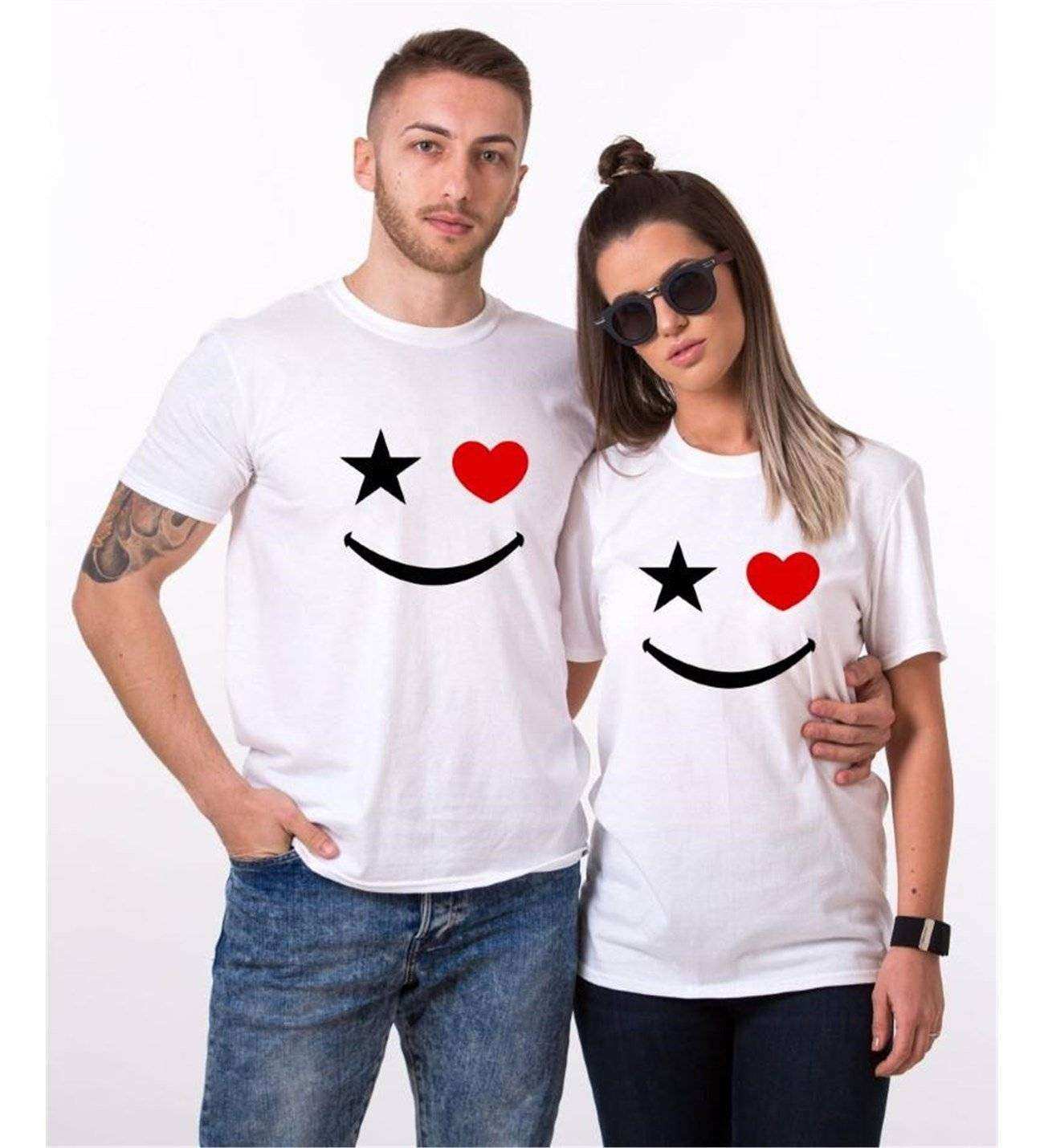 Tshirthane Yıldız Kalp Gülücük  Sevgili Kombinleri Tshirt Çift Kombini