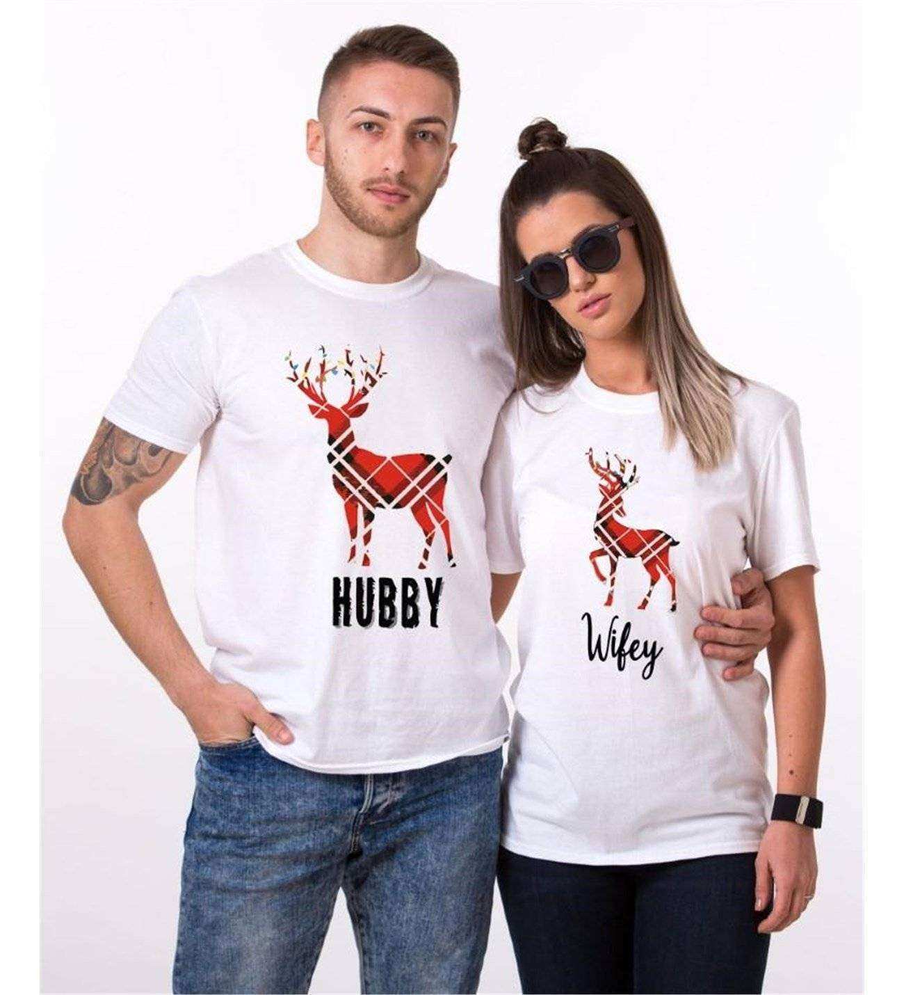 Tshirthane Hubby Wifey Geyik  Sevgili Kombinleri Tshirt Çift Kombini