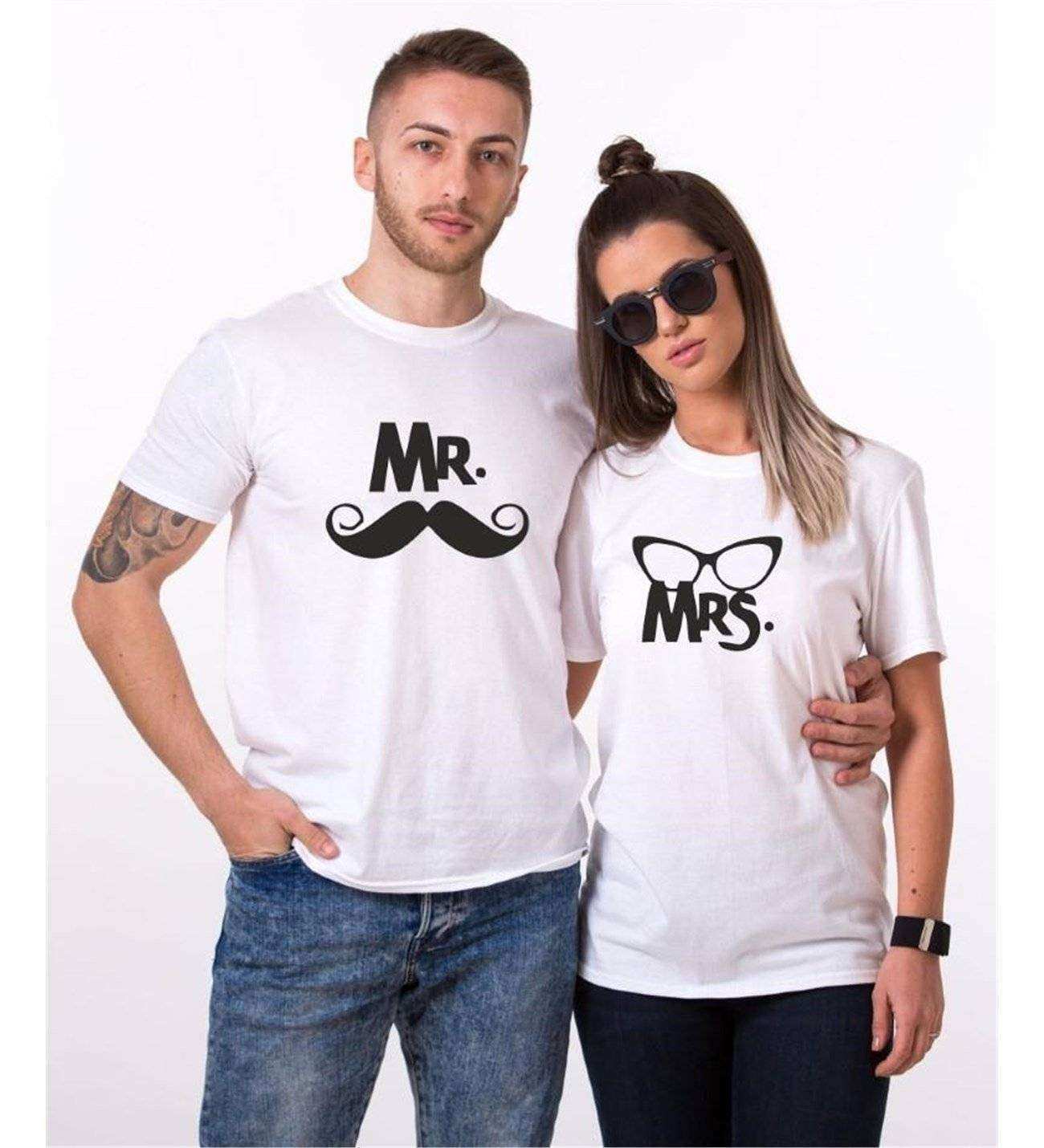 Tshirthane Mr. Mrs. Bıyık Gözlük Sevgili Kombinleri Tshirt Çift Kombini