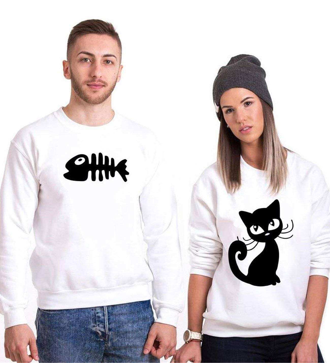 Tshirthane Kedi Ve Balık Cat Fish Sevgili Kombinleri Sweatshirt Çift Kombini