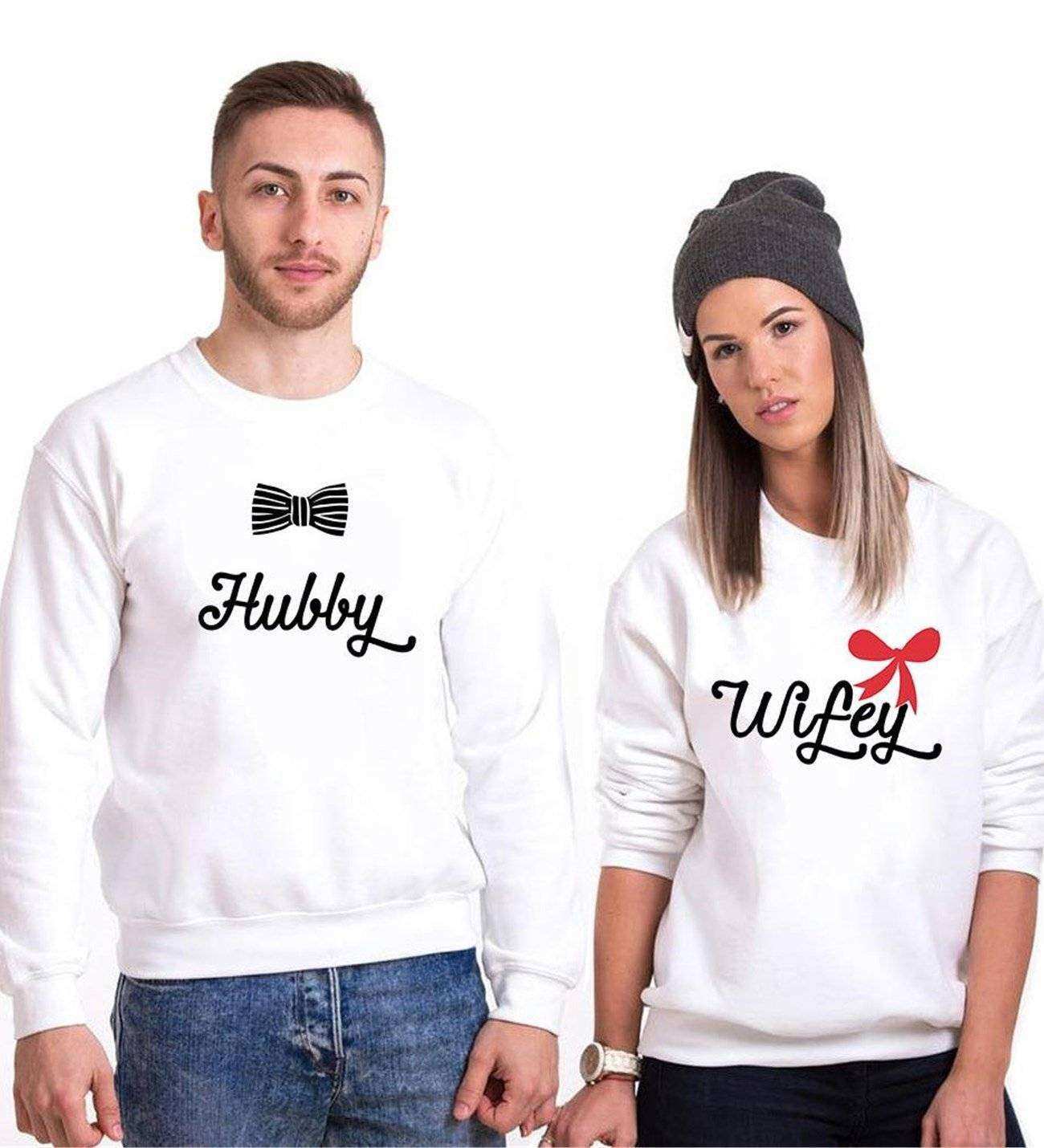 Tshirthane Hubby Wifey  Sevgili Kombinleri Sweatshirt Çift Kombini