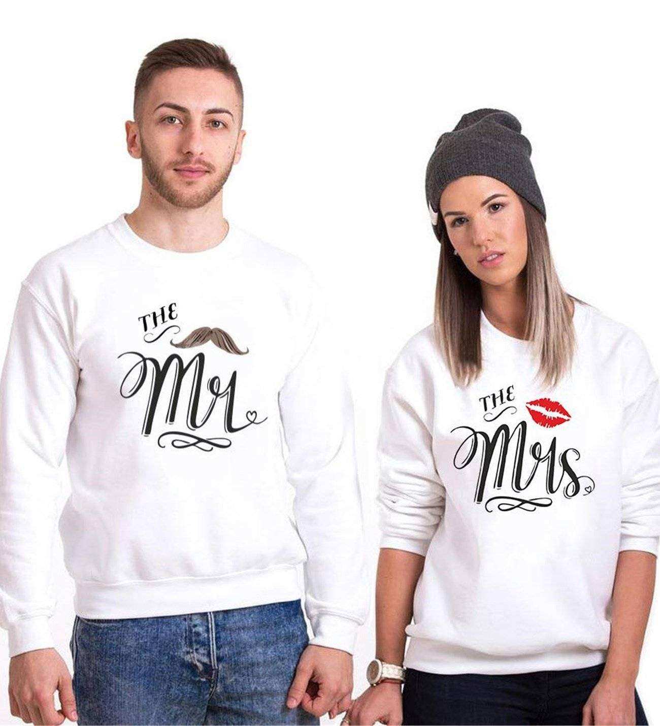 Tshirthane Mrs.Öpücük Mr. Bıyık  Sevgili Kombinleri Sweatshirt Çift Kombini