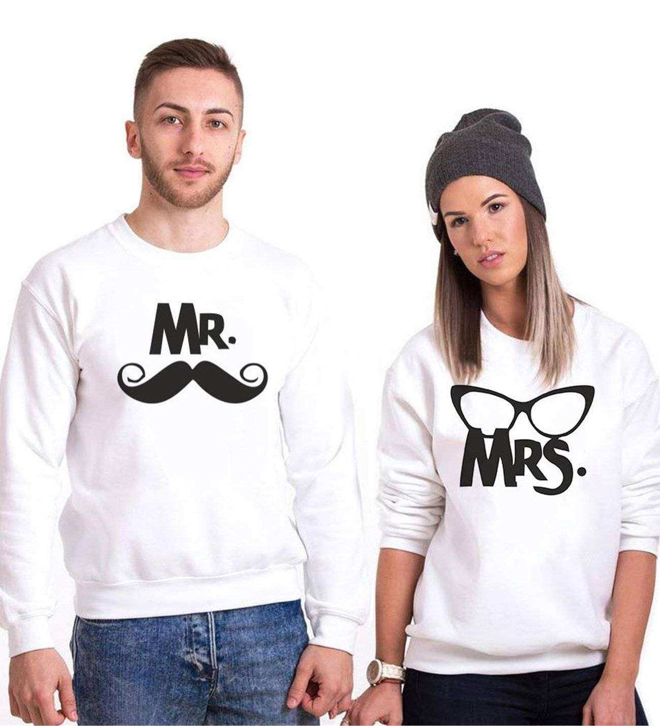 Tshirthane Mr. Mrs. Bıyık Gözlük Sevgili Kombinleri Sweatshirt Çift Kombini