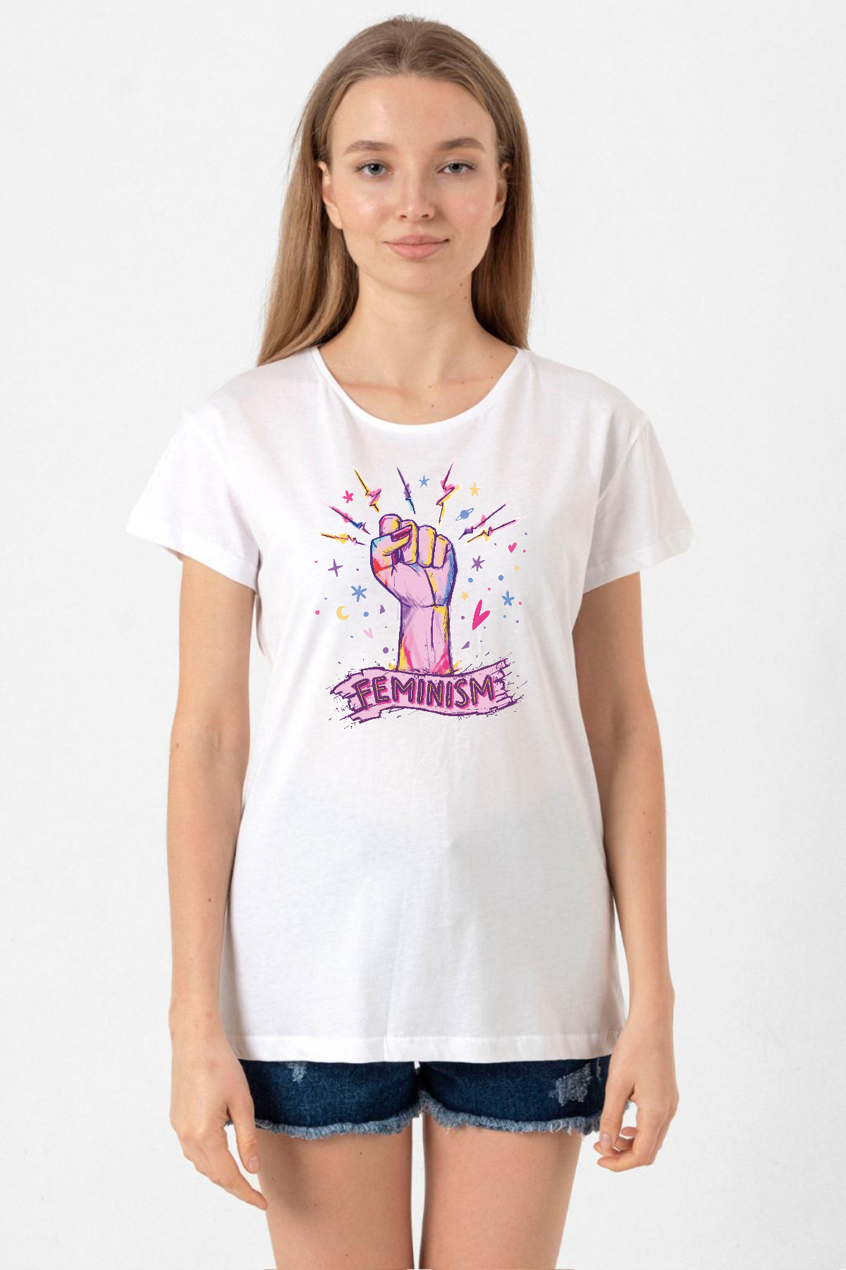 Colorful Feminism Hand Beyaz Kadın Bisikletyaka Tshirt