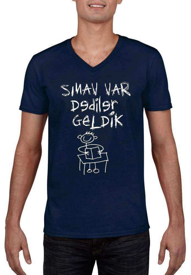 Tshirthane Sınav var  V Yaka Lacivert Komik Baskılı Erkek Dar Kesim Slim Fit t-shirt