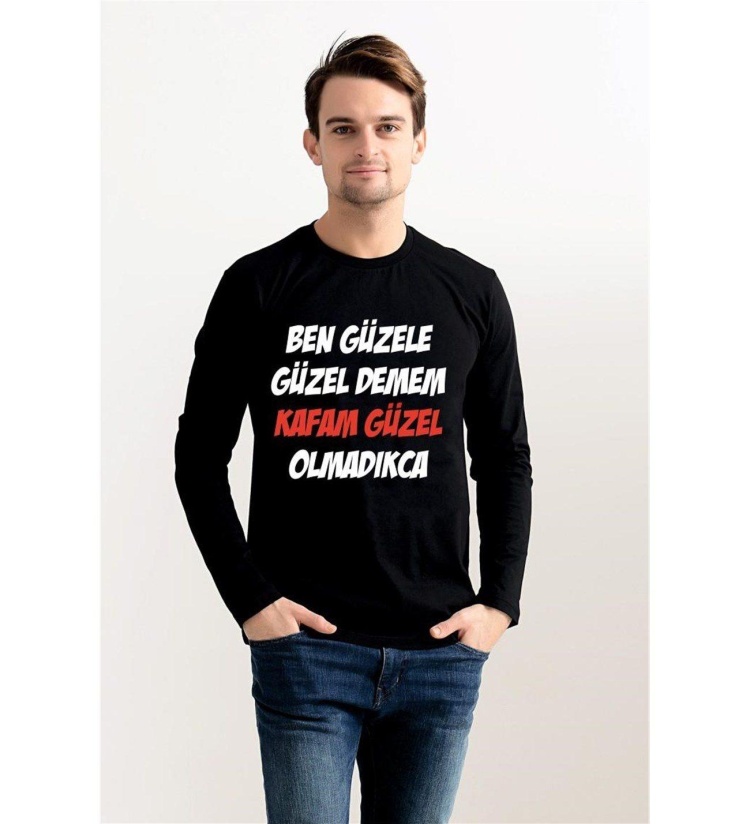 Kafam Baskılı Komik Espirili Siyah Sweatshirt