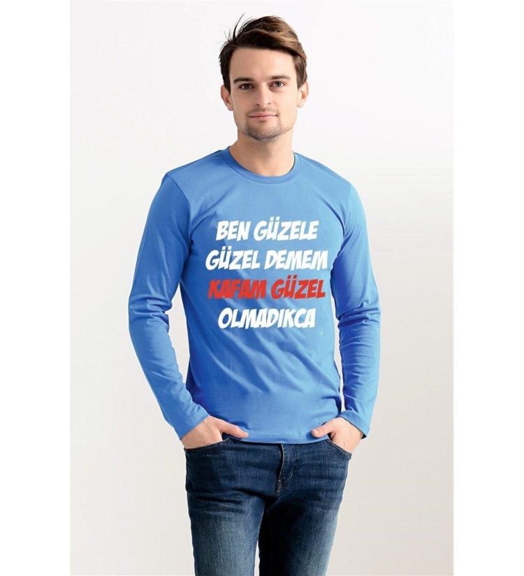 Kafam Baskılı Komik Espirili Mavi Sweatshirt