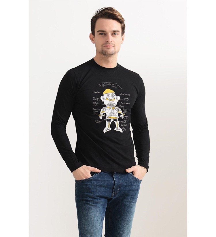 Anatomy Komik Baskılı long sleeve Siyah Tshirt Sweatshirt