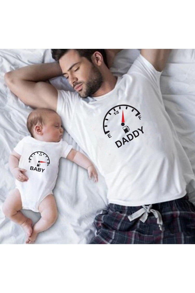 Daddy Baby Benzin Beyaz Baba Oğul Kız Tişört Zıbın Kombini