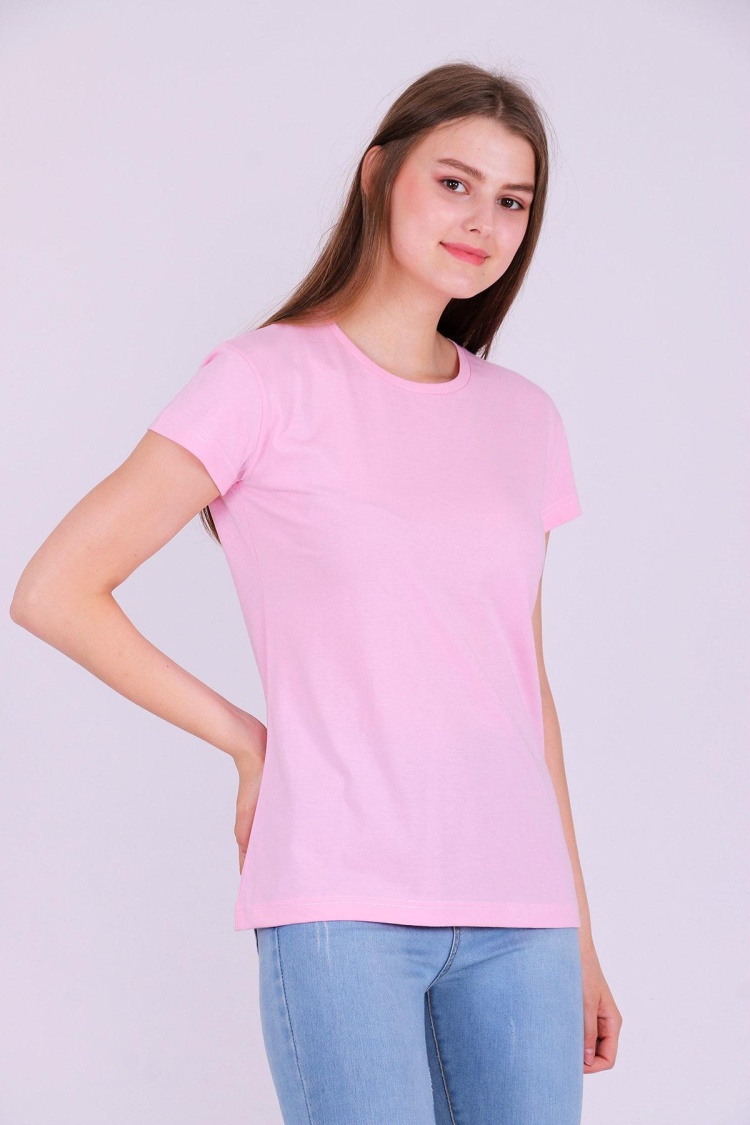 Pembe Renk %100 Pamuk Bisiklet Yaka Basic Baskısız Kadın Örme Kısa Kollu Tshirt