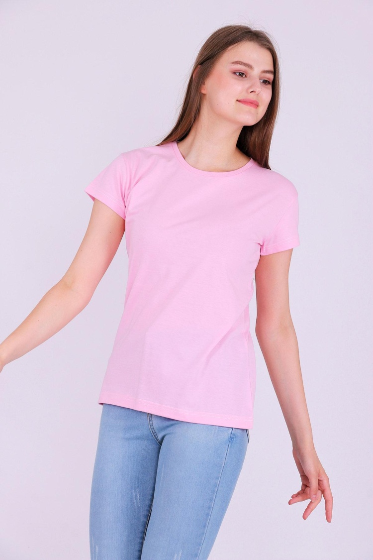 Pembe Renk %100 Pamuk Bisiklet Yaka Basic Baskısız Kadın Örme Kısa Kollu Tshirt