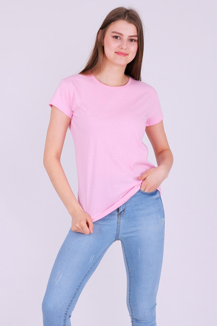 Pembe Renk %100 Pamuk Bisiklet Yaka Basic Baskısız Kadın Örme Kısa Kollu Tshirt