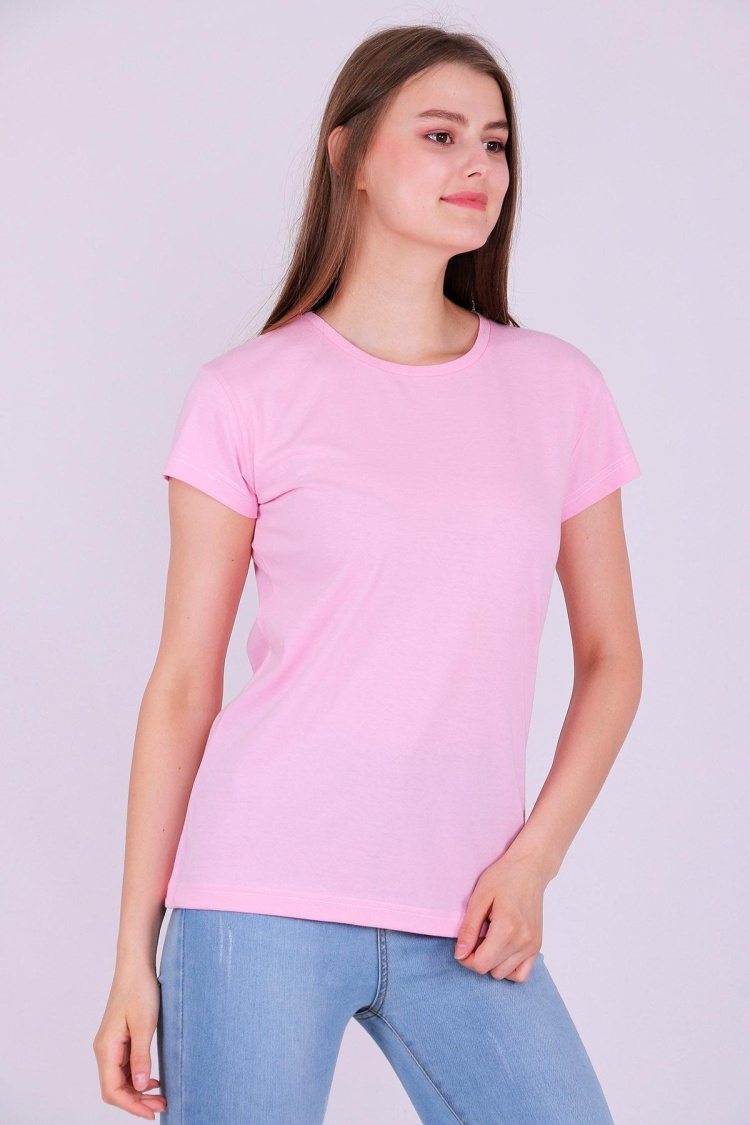 Pembe Renk %100 Pamuk Bisiklet Yaka Basic Baskısız Kadın Örme Kısa Kollu Tshirt