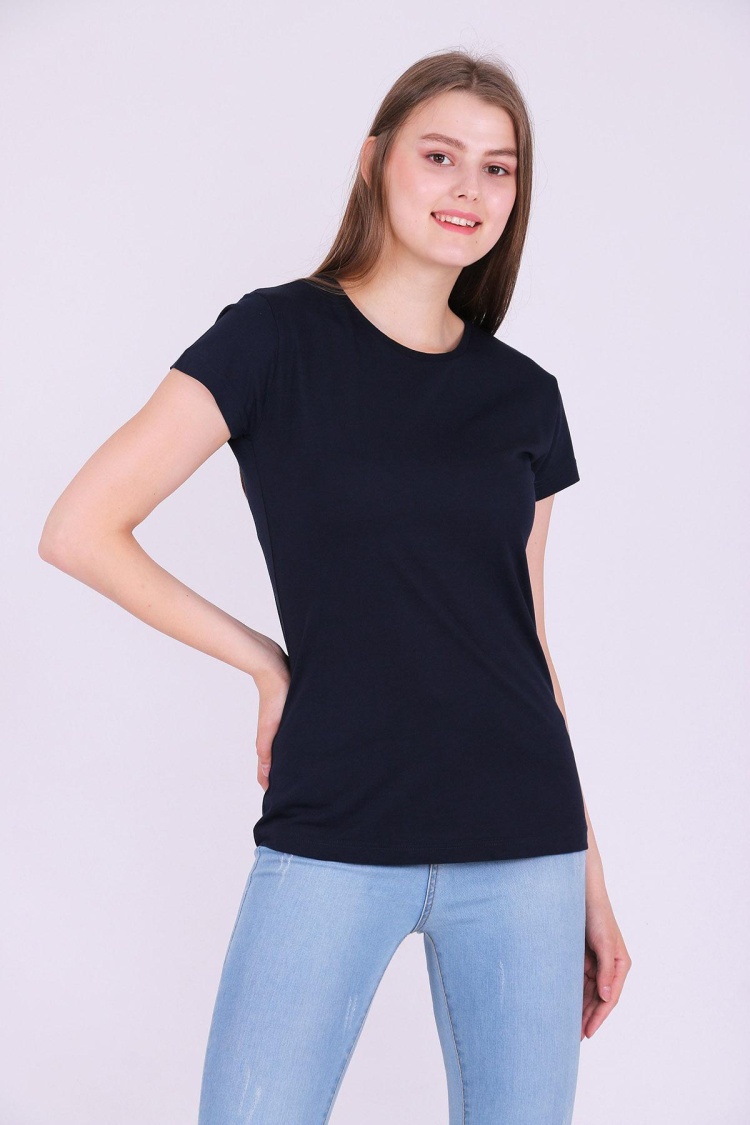 Lacivert Renk %100 Pamuk Bisiklet Yaka Basic Baskısız Kadın Örme Kısa Kollu Tshirt