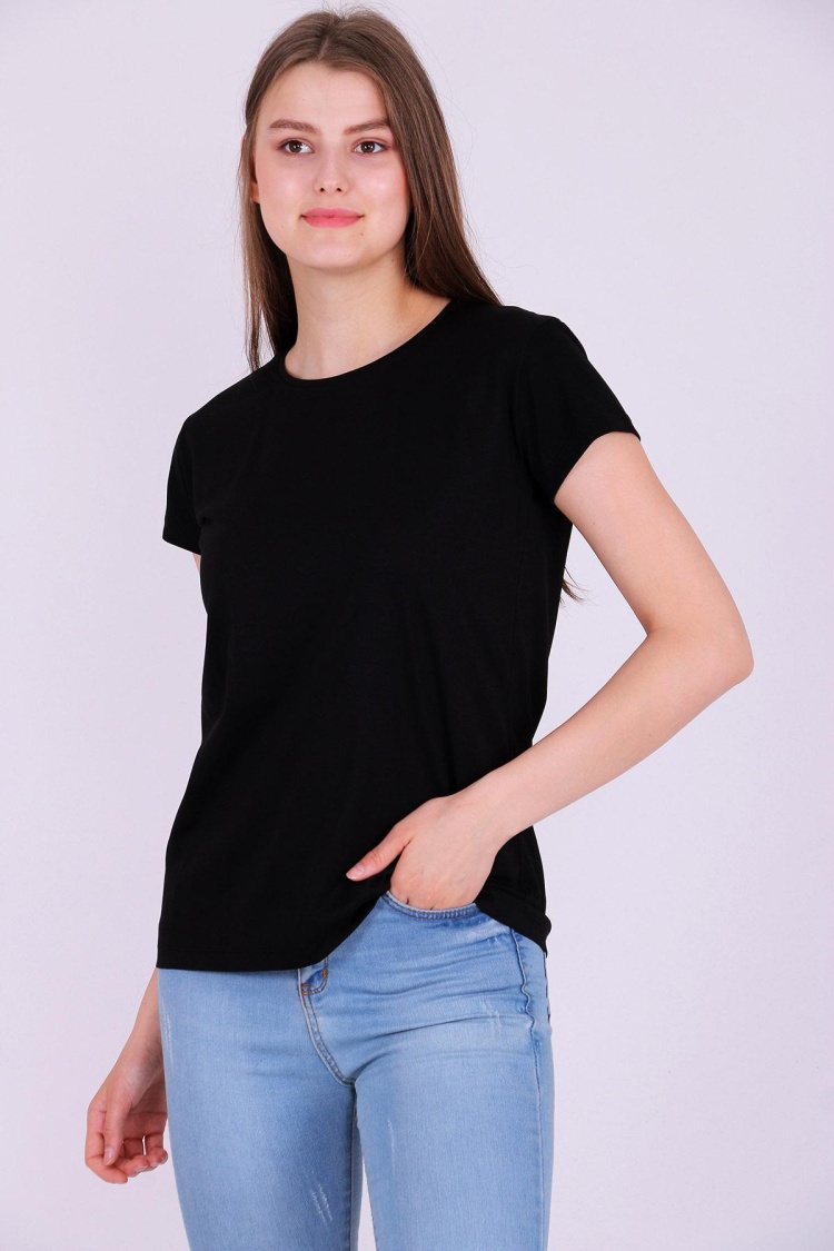 Siyah Renk %100 Pamuk Bisiklet Yaka Basic Baskısız Kadın Örme Kısa Kollu Tshirt