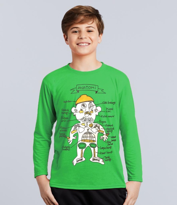 Anatomy Komik Baskılı Çocuk Long Sleeve Yeşil Tshirt Sweatshirt