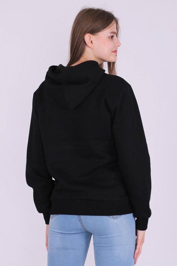 Siyah Basic Oversize Kadın Kapüşonlu Hoodie 3 iplik Sweatshirt