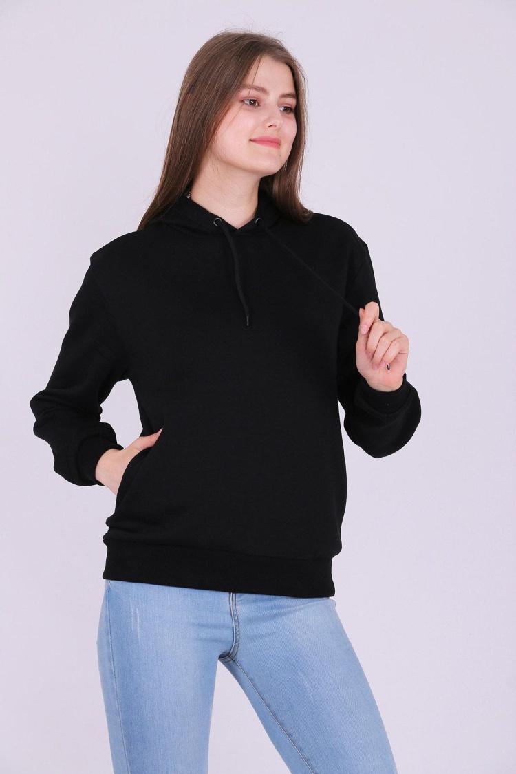 Siyah Basic Oversize Kadın Kapüşonlu Hoodie 3 iplik Sweatshirt