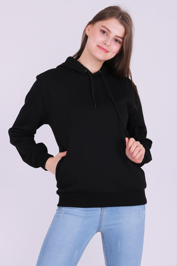 Siyah Basic Oversize Kadın Kapüşonlu Hoodie 3 iplik Sweatshirt