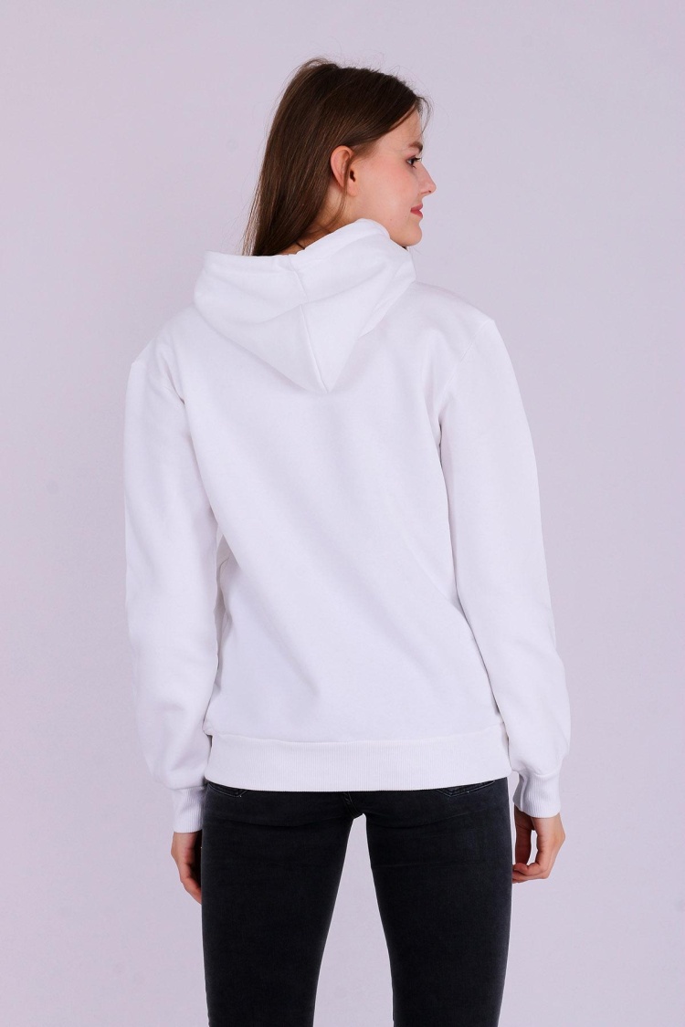 Beyaz Basic Oversize Kadın Kapüşonlu Hoodie 3 iplik Sweatshirt