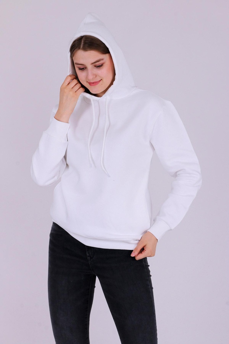 Beyaz Basic Oversize Kadın Kapüşonlu Hoodie 3 iplik Sweatshirt