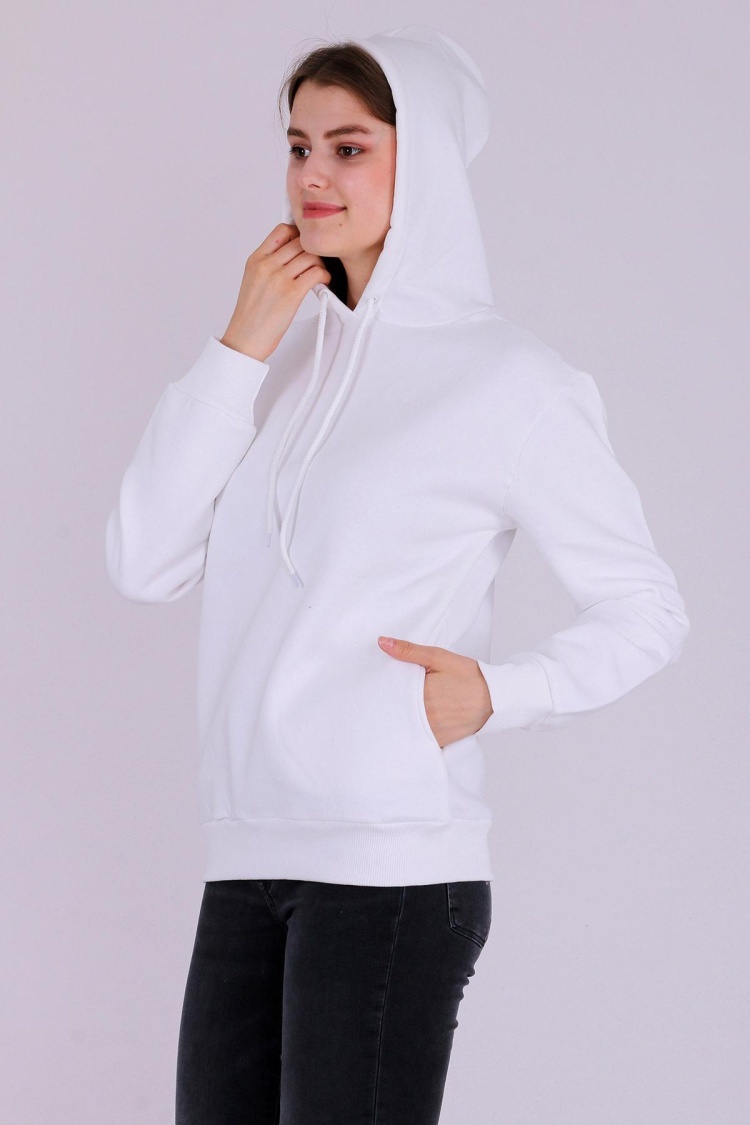 Beyaz Basic Oversize Kadın Kapüşonlu Hoodie 3 iplik Sweatshirt