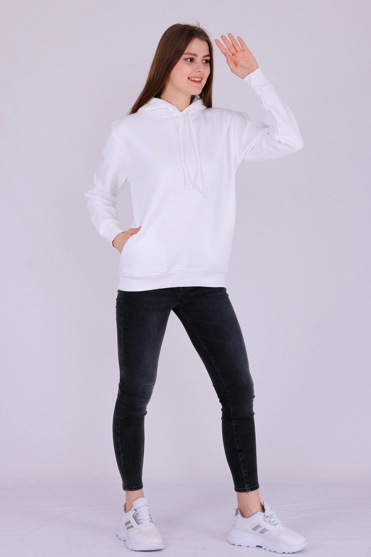 Beyaz Basic Oversize Kadın Kapüşonlu Hoodie 3 iplik Sweatshirt