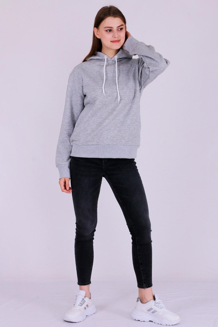 Gri Basic Oversize Kadın Kapüşonlu Hoodie 3 iplik Sweatshirt