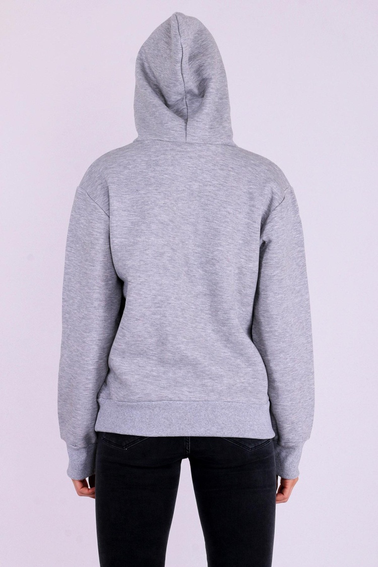 Gri Basic Oversize Kadın Kapüşonlu Hoodie 3 iplik Sweatshirt