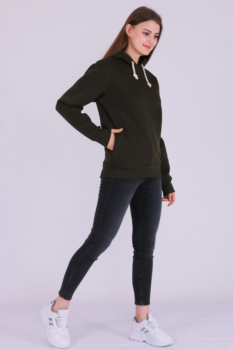 Haki Basic Oversize Kadın Kapüşonlu Hoodie 3 iplik Sweatshirt