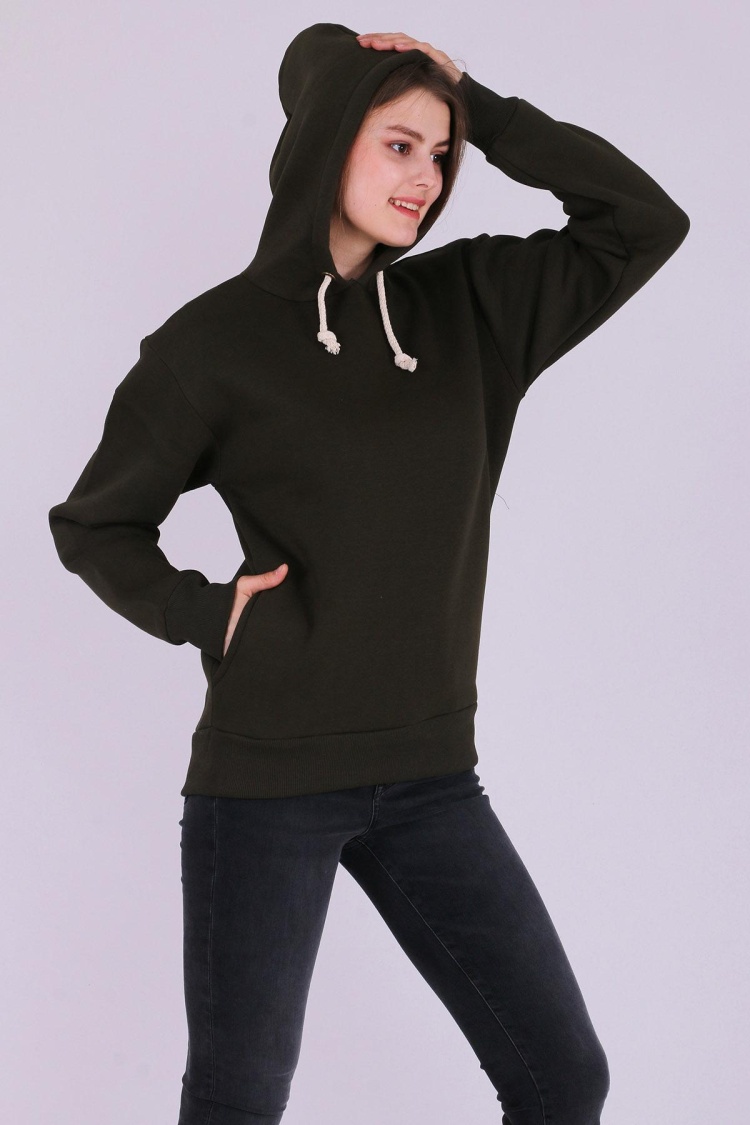 Haki Basic Oversize Kadın Kapüşonlu Hoodie 3 iplik Sweatshirt