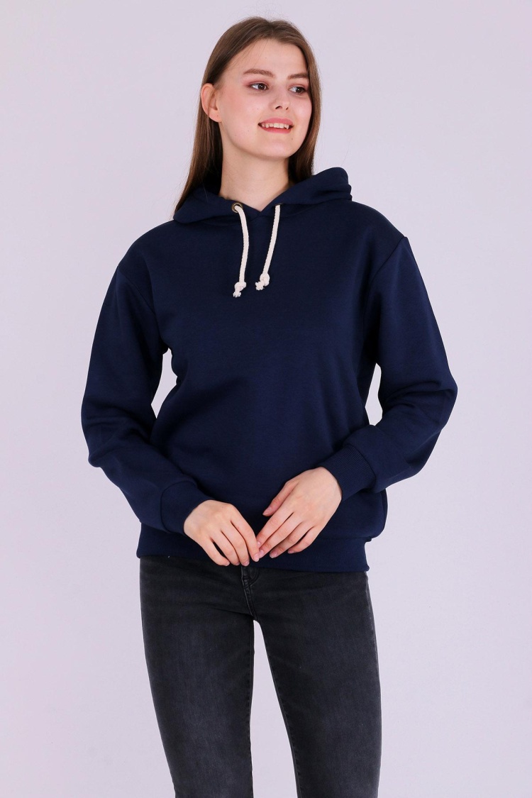 Lacivert Basic Oversize Kadın Kapüşonlu Hoodie 3 iplik Sweatshirt