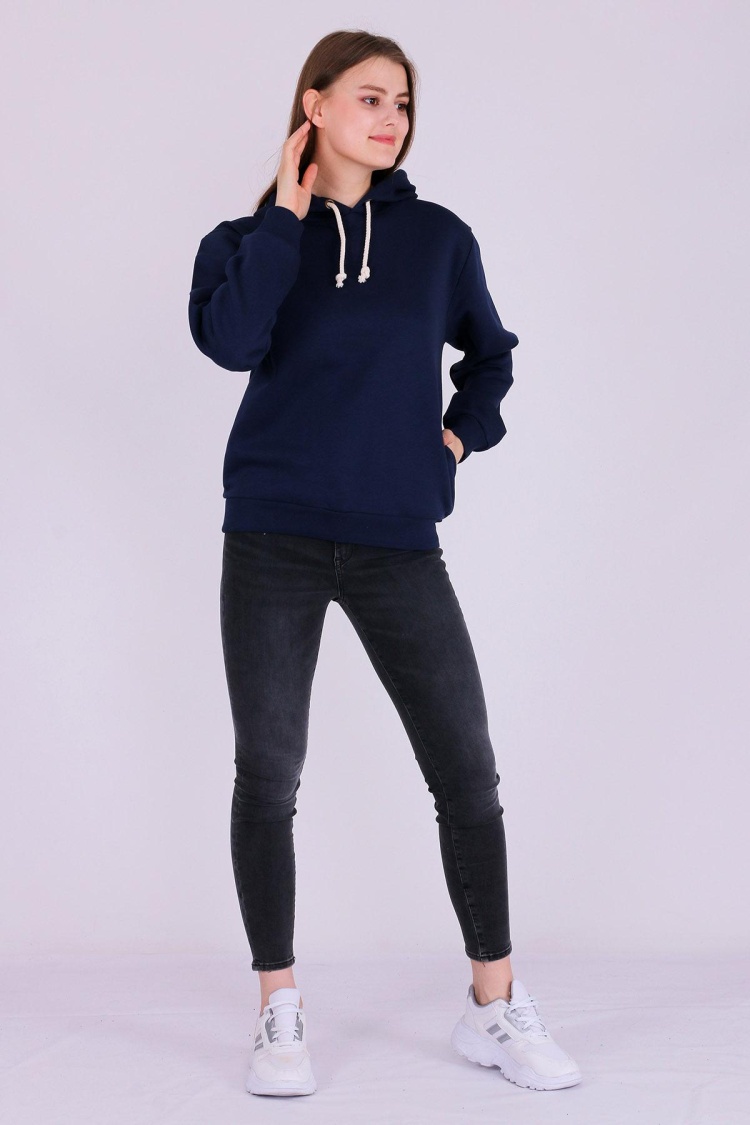 Lacivert Basic Oversize Kadın Kapüşonlu Hoodie 3 iplik Sweatshirt