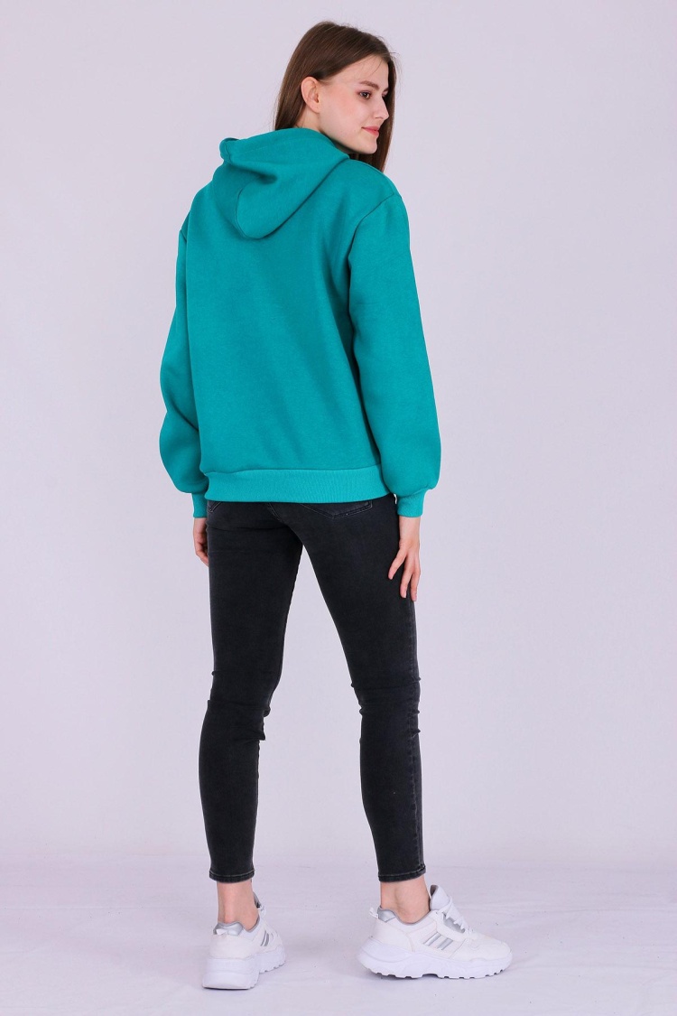 Yeşil Basic Oversize Kadın Kapüşonlu Hoodie 3 iplik Sweatshirt