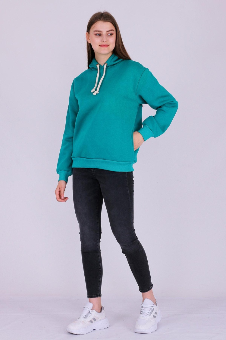 Yeşil Basic Oversize Kadın Kapüşonlu Hoodie 3 iplik Sweatshirt