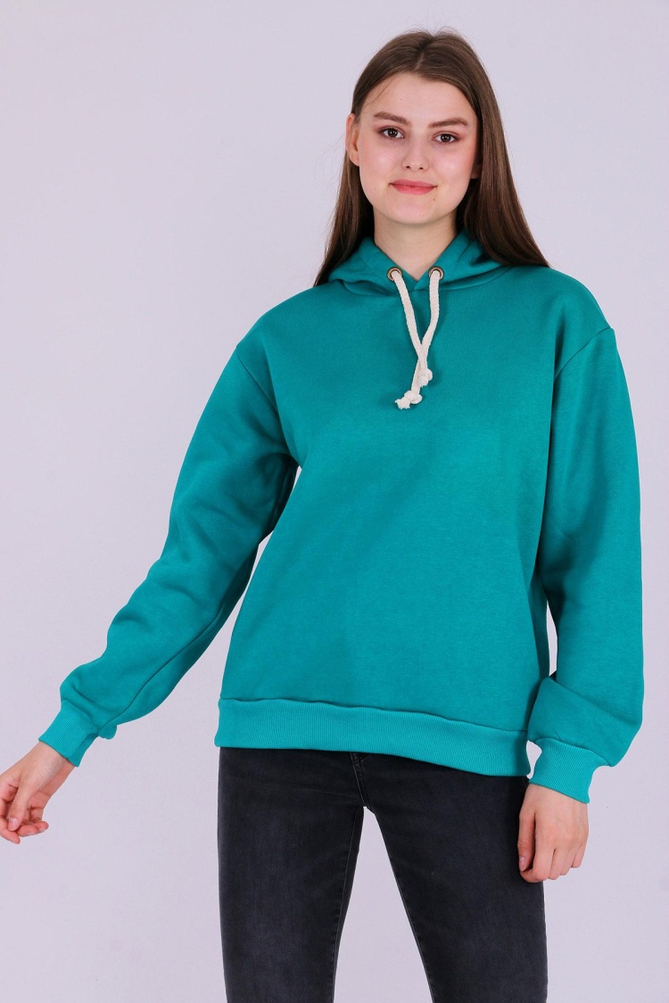 Yeşil Basic Oversize Kadın Kapüşonlu Hoodie 3 iplik Sweatshirt